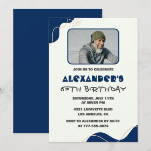 Convites de 65 anos Men Blue Simple Photo
