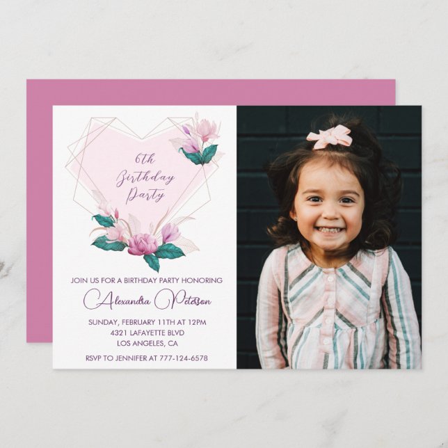 Convites de 6 de aniversário Elegante Foto Floral (Frente/Verso)
