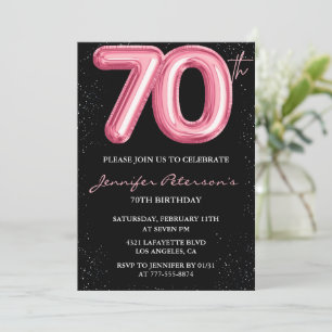 Convites de 70º aniversário preto Balão Glam Rosa