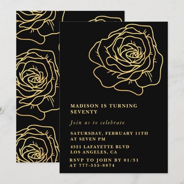 Convites de 70º aniversário preto com floral doura (Frente/Verso)