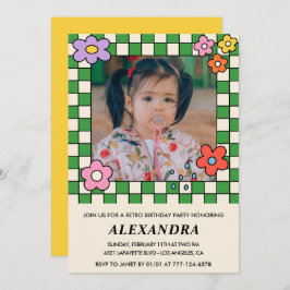 Convites de 7 de aniversário Flores Retro Groovy
