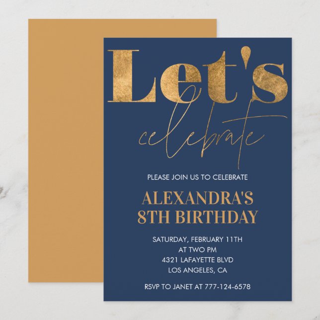 Convites de 8º aniversário elegantes Navy Gold (Frente/Verso)