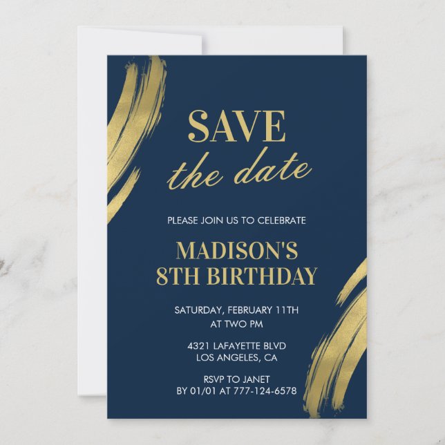 convites de 8º aniversário Salve a data Azul Navy  (Frente)