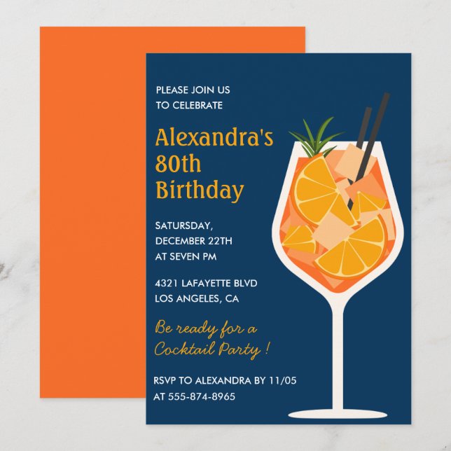 Convites de 80º aniversário elegantes Cocktail Nav (Frente/Verso)