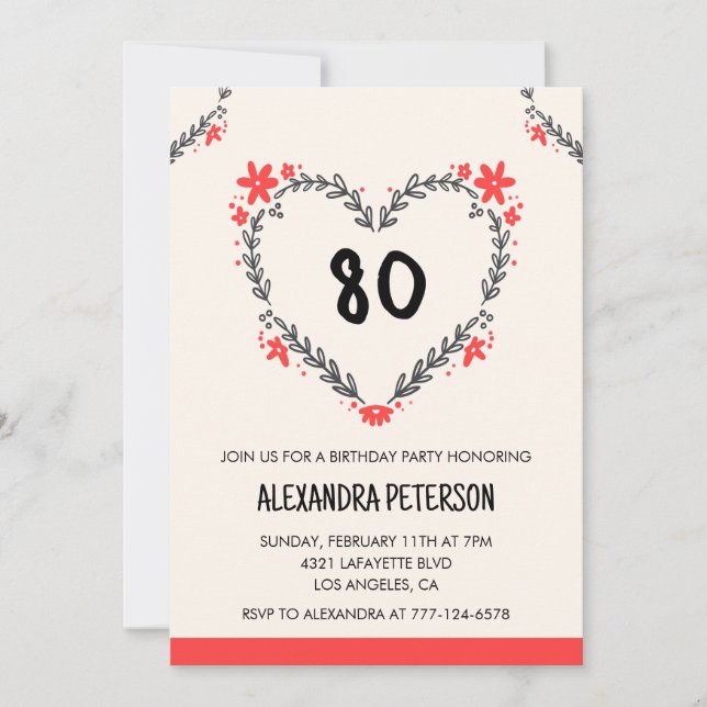 convites de 80º aniversário para ela floral coraçã (Frente)