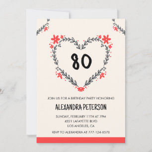 convites de 80º aniversário para ela floral coraçã
