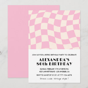 convites de 80º aniversário Xadrez Retro Rosa