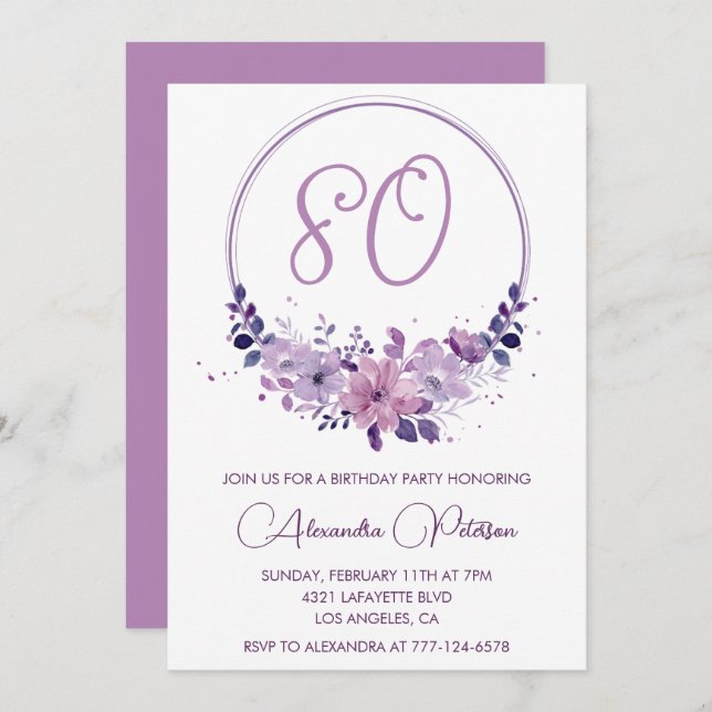 Convites de 80 de aniversário elegantes Roxo Flora (Frente/Verso)