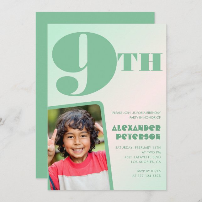 Convites de 9º aniversário verdes Foto colorida (Frente/Verso)