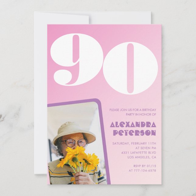 Convites de 90º aniversário cor-de-rosa Foto Retro (Frente)