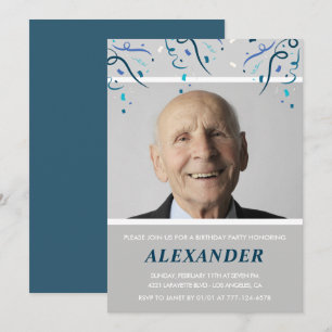 convites de 90 anos homens confete foto azul marin