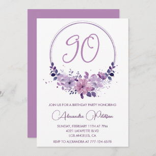 Convites de 90 de aniversário elegantes Roxo Flora
