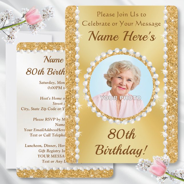 Convites de aniversário, 80, lindos, com FOTO, (Invitations for 80th birthday. 80th birthday invitations with photo. 80th birthday invitations. Her)