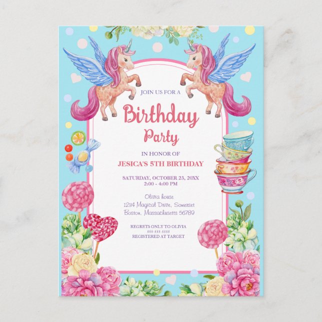 Convites de Aniversário Aquarela Flores Unicórnios (Frente)