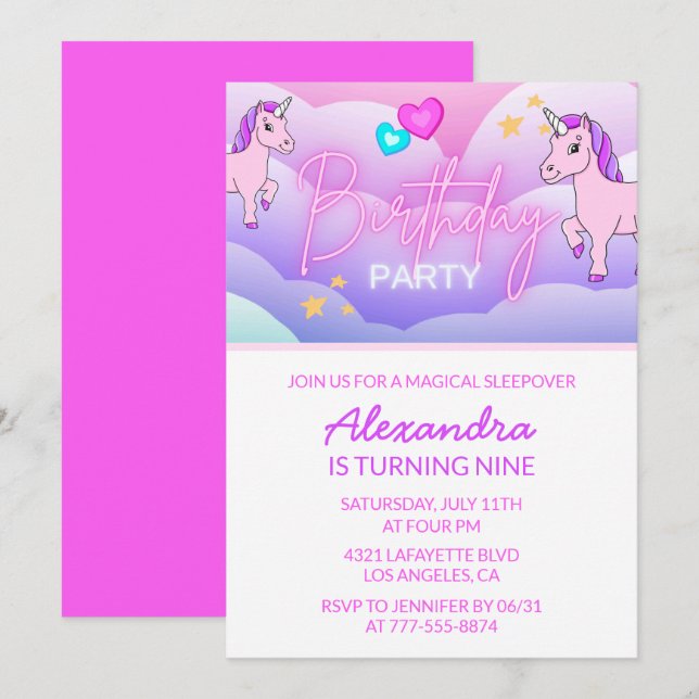 Convites de Aniversário Arco-íris Unicórnio 9º Ros (Frente/Verso)