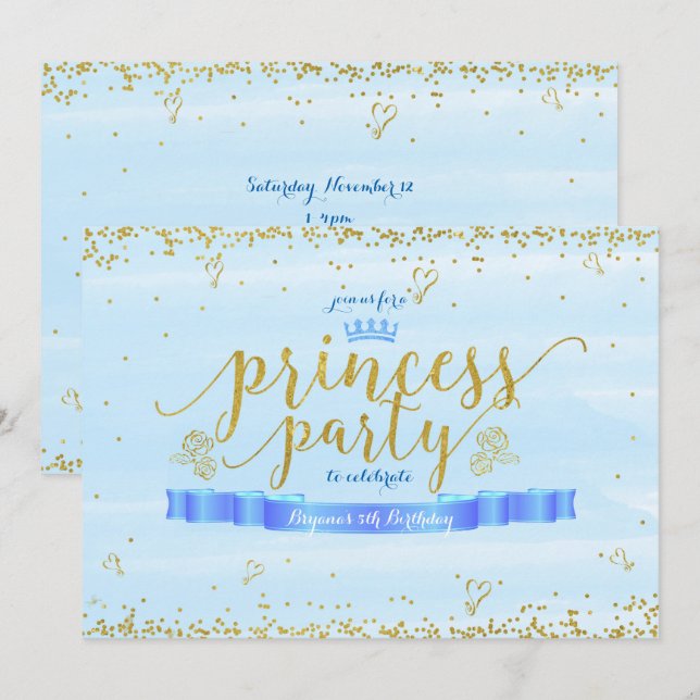 Convites de Aniversário Azul e Dourado da Festa da (Frente/Verso)