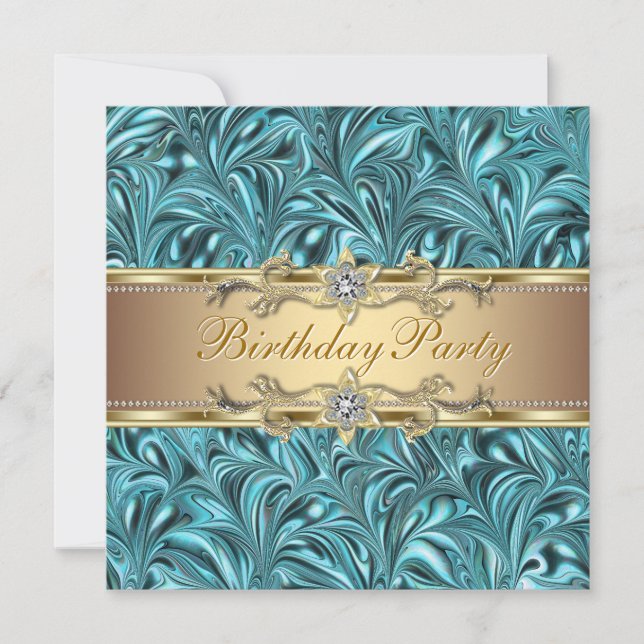 Convites de Aniversário Azul Teal Dourado (Frente)