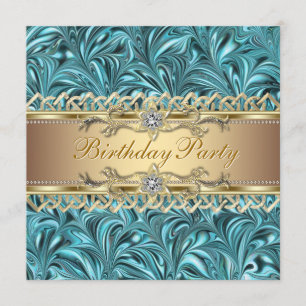 Convites de Aniversário Azul Turquesa Dourado