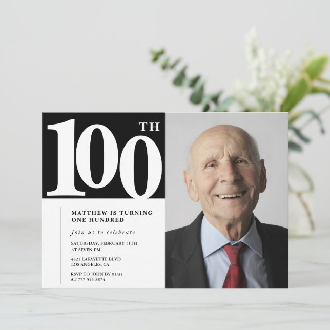 Convites de aniversário Black 100th Foto Chic Mode (Em pé/Frente)