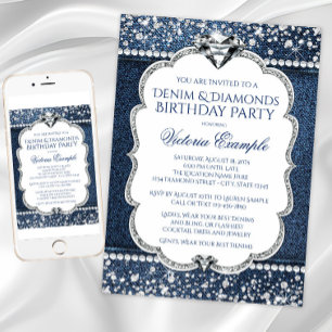 Convites de Aniversário Brilho de Denim e Diamante