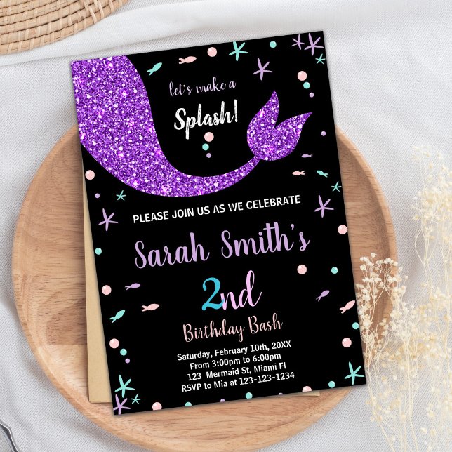 Convites de Aniversário Cauda de Sereia Black Pink (Black Pink Mermaid Tail Birthday Invitations)