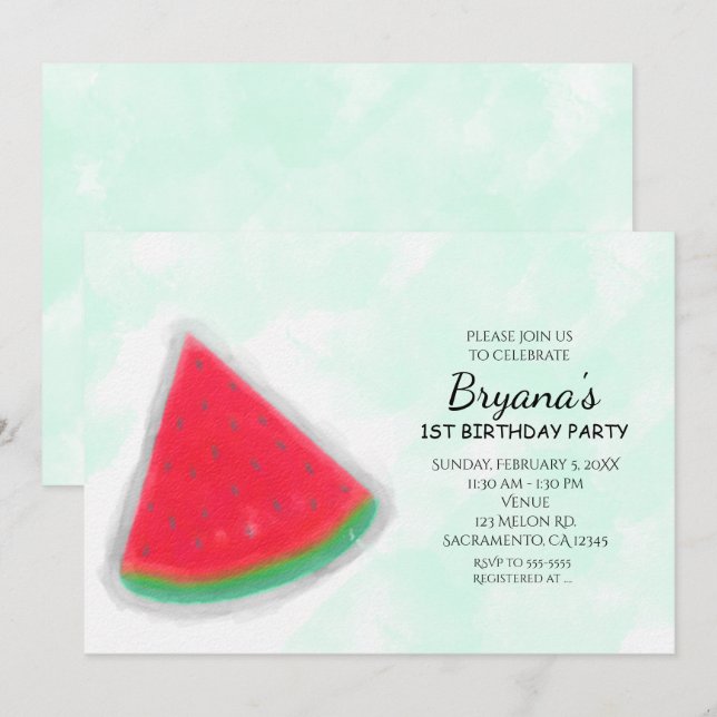 Convites de Aniversário com Aquarela de Melancia (Frente/Verso)