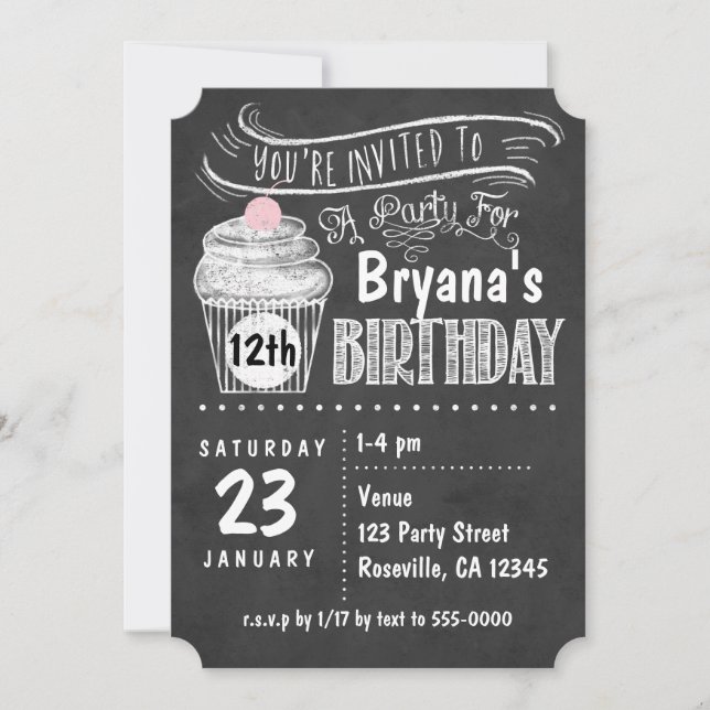 Convites de Aniversário com Cupcake no Quadro Negr (Frente)