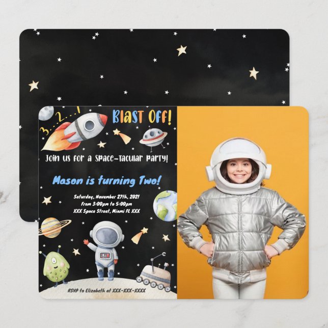 Convites de Aniversário com Foto Espacial (Frente/Verso)