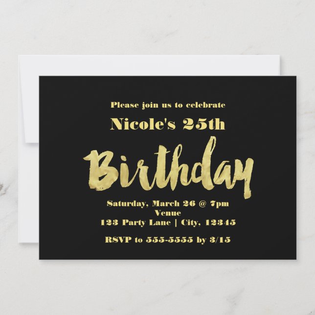 Convites de Aniversário com Tipografia Gold & Blac (Frente)