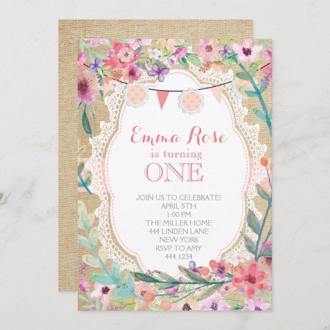 Convites de aniversário cor-de-rosa-burlap do chiq (Frente/Verso)