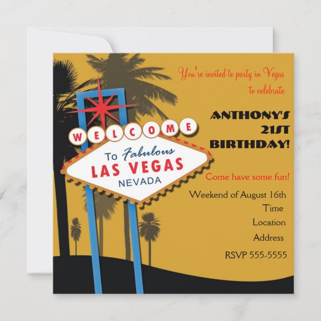 Convites de Aniversário Cor Dourada de Las Vegas (Frente)