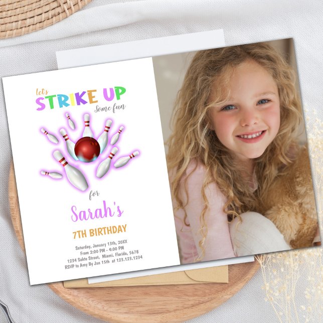 Convites de Aniversário da Boliche Branca com foto (White Bowling Birthday Invitations with photo)