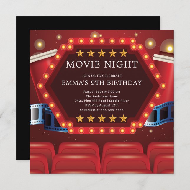 Convites de aniversário da Noite de Filme (Frente/Verso)