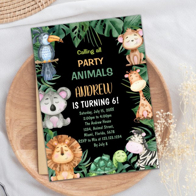Convites de Aniversário da Selva Safari Preta (Black Safari Jungle Birthday Invitations)