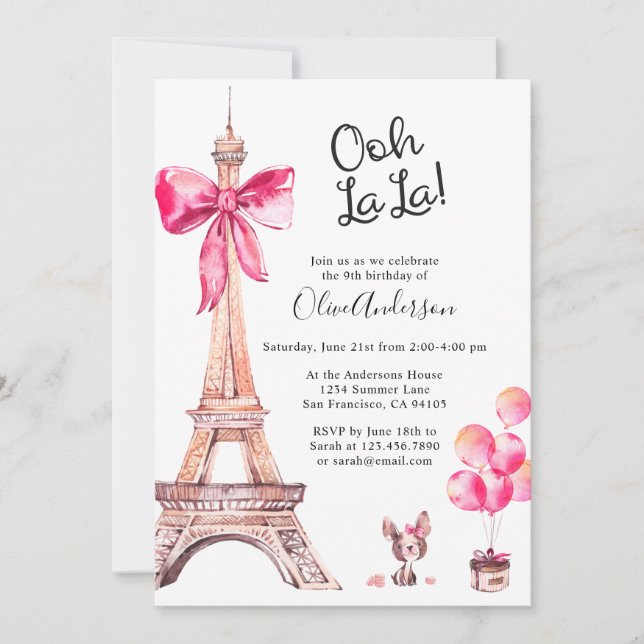 Convites de Aniversário da Torre Eiffel Paris Fofo (Frente)