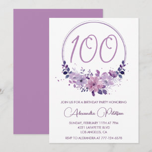 Convites de aniversário de 100 anos Elegantes Flor