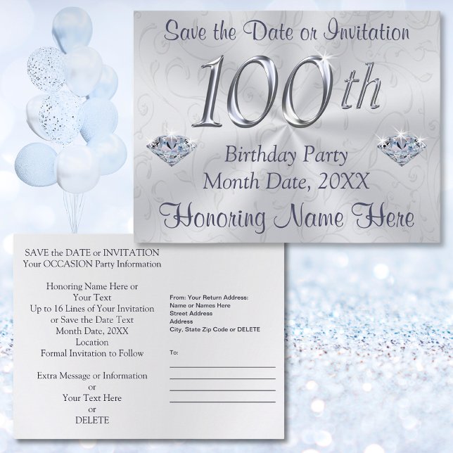 Convites de Aniversário de 100 anos ou Save the Da (Save the date 100th birthday. 100th birthday save the date post cards. 100th birthday invitations.)