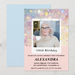 Convites de aniversário de 100 anos Rosa Confetes 