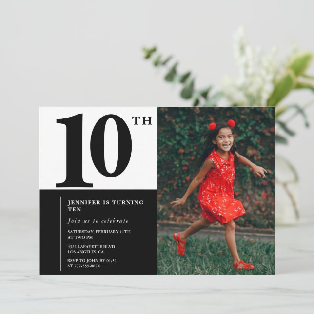 Convites de aniversário de 10 anos com foto Elegan (Em pé/Frente)