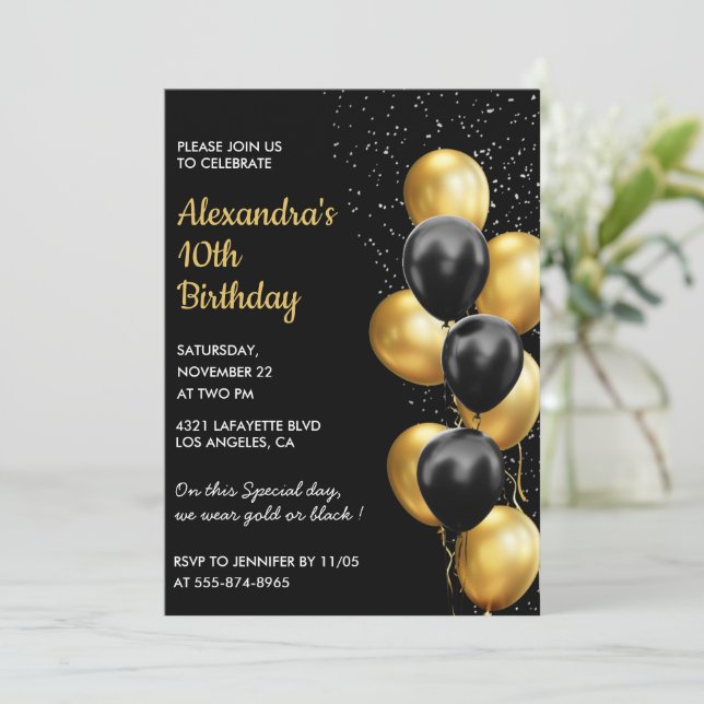 Convites de aniversário de 10 anos preto Dourado G (Em pé/Frente)