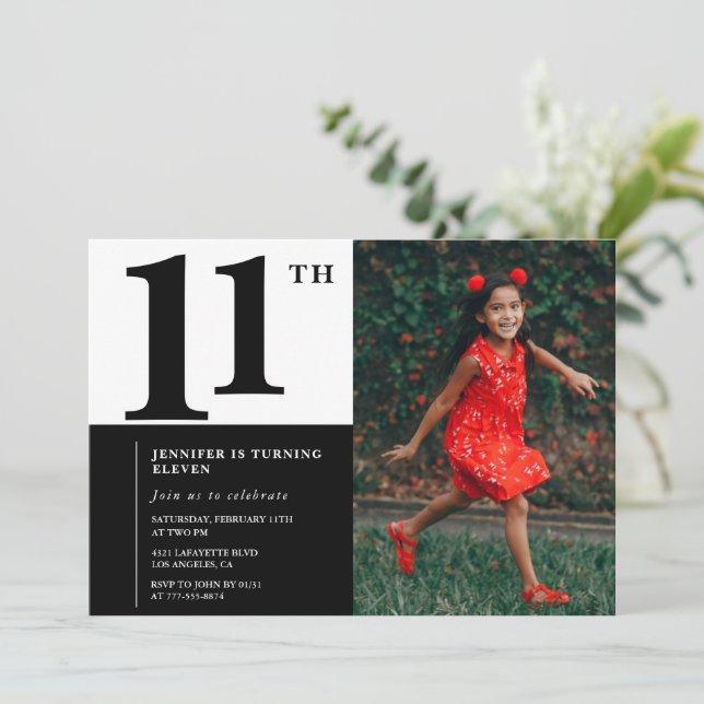 Convites de aniversário de 11 anos com foto Elegan (Em pé/Frente)