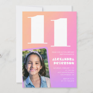 Convites de aniversário de 11 anos Pink Orange Ret
