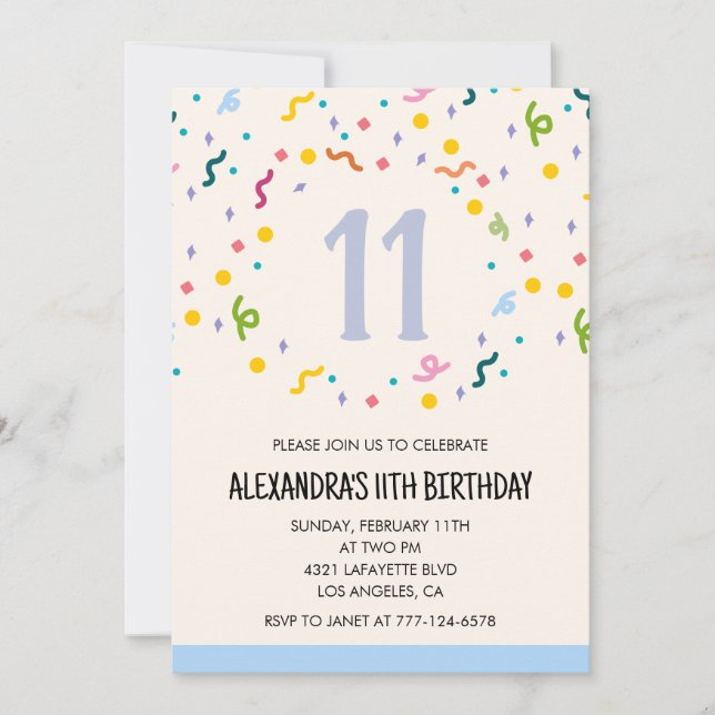 Convites de aniversário de 11 anos simples Confett (Frente)