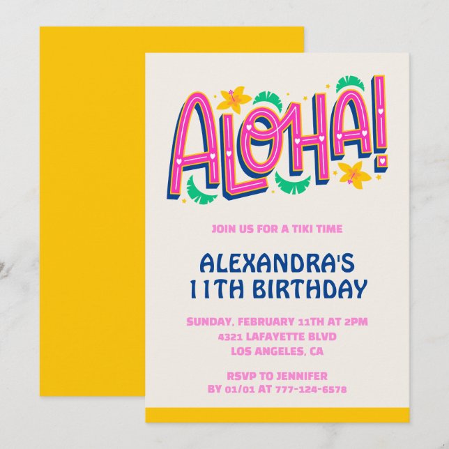 convites de aniversário de 11 anos Tropical Aloha  (Frente/Verso)