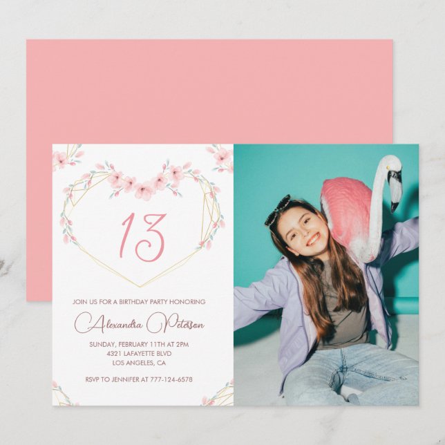 convites de aniversário de 13 anos Boho Floral Fot (Frente/Verso)