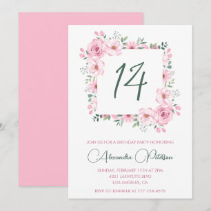Convites de aniversário de 14 anos elegantes Flora