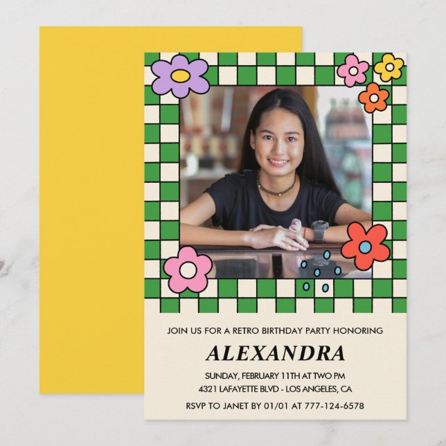 convites de aniversário de 14 anos Flores Retro Gr (Frente/Verso)