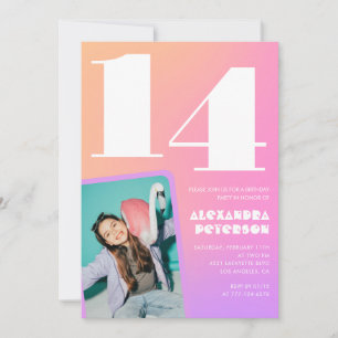 Convites de aniversário de 14 anos Pink Orange Ret