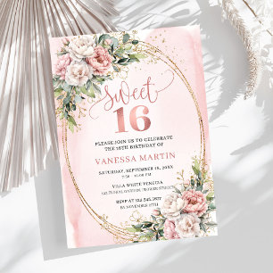Convites de Aniversário de 16 Anos com Flores Rosa