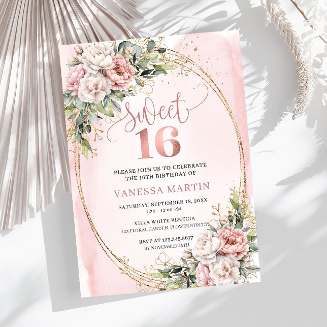 Convites de Aniversário de 16 Anos com Flores Rosa (Pastel Pink Flowers Greenery 16th Birthday Invitation Design

)